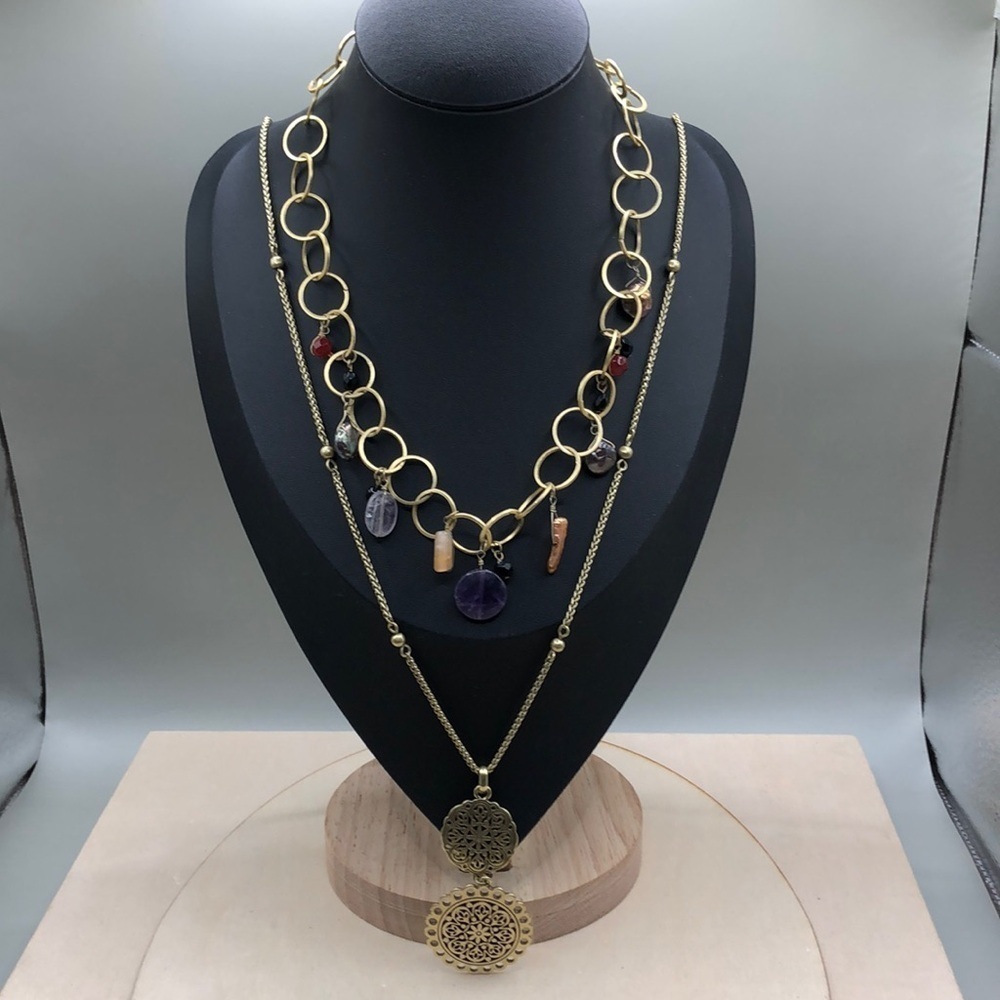 Lucky brand long brass chain pendant necklace + free extra boho layered look